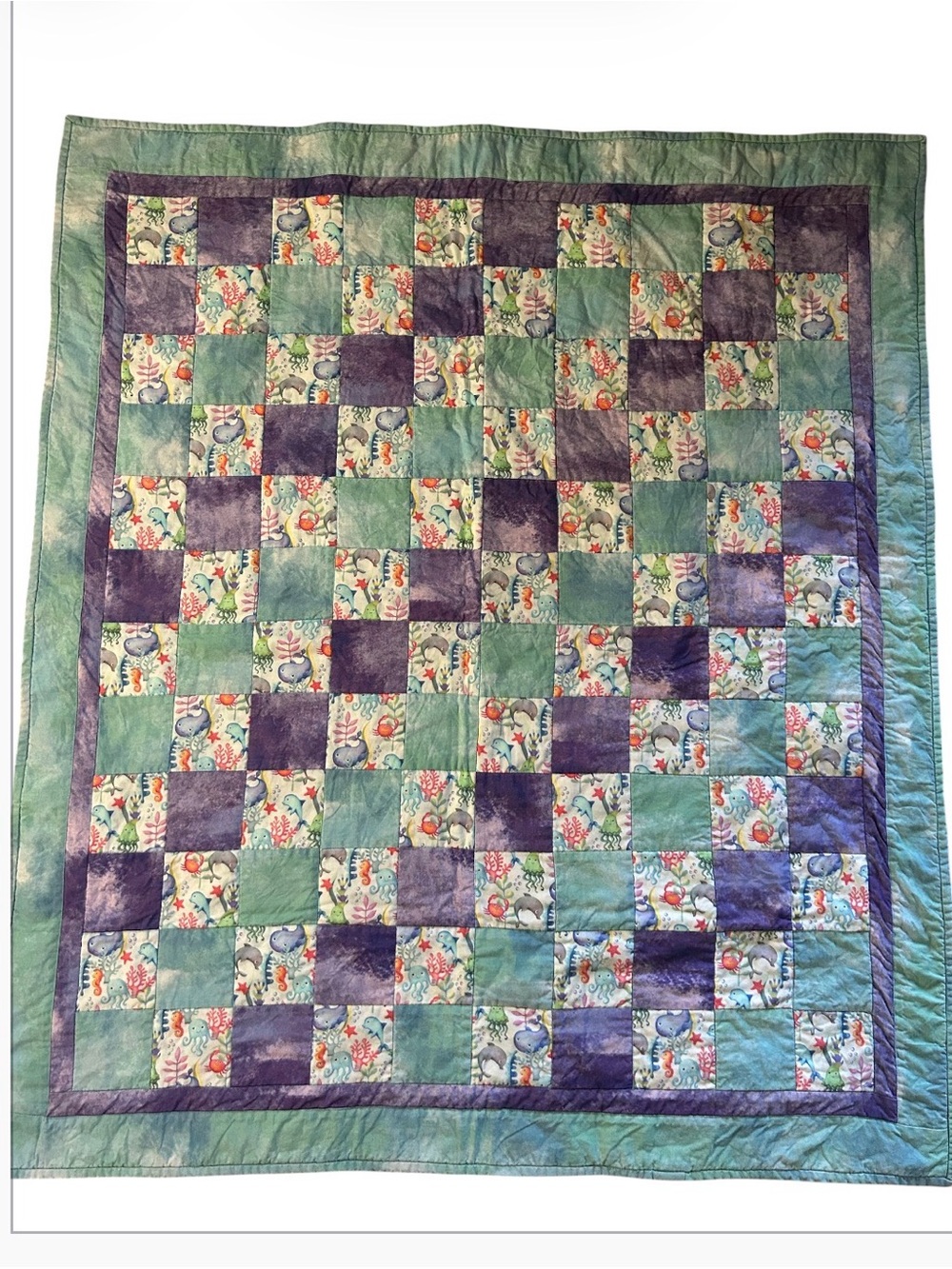 Handmade Patchwork Quilt Seafoam Green & Purple 90s Ocean Animals Waterpaint